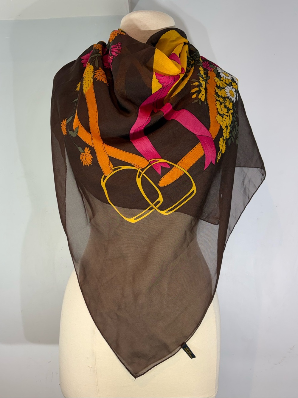 Vintage 100% Silk Floral Equestrian Scarf Brown Square Made in Korea
